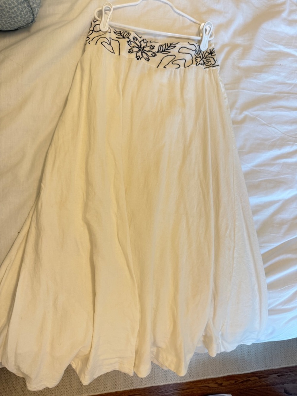 Free People Cream Maxi Skirt Set with Black Embroidered Waist and Top